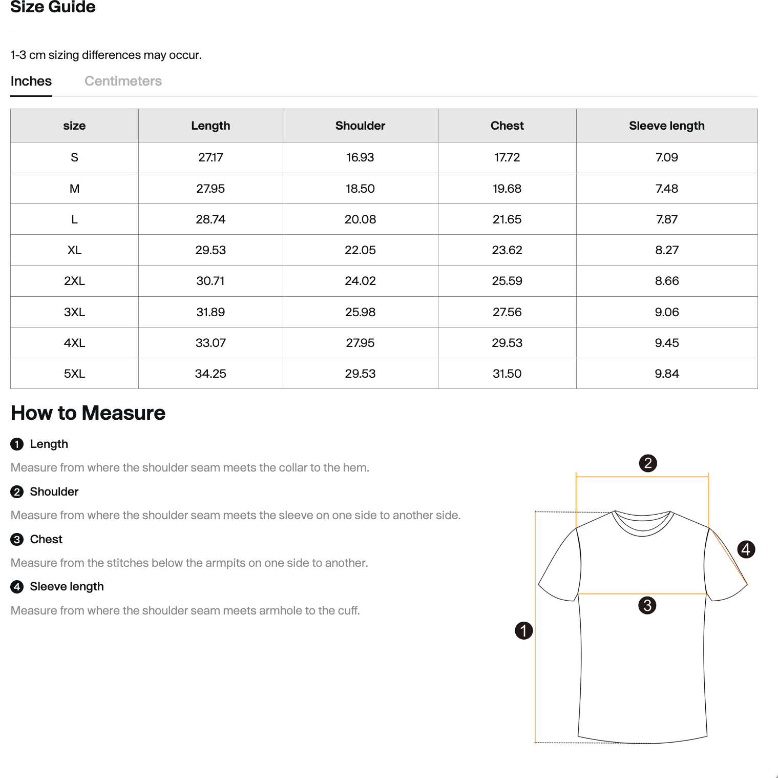 Size chart for shirts with measurements in inches and centimeters, including a diagram of how to measure a shirt.